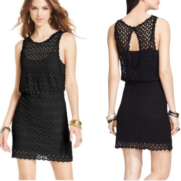 Free People Lily Black Crochet Lace Draped Cutout Mini Dress - S - Picture 1 of 15